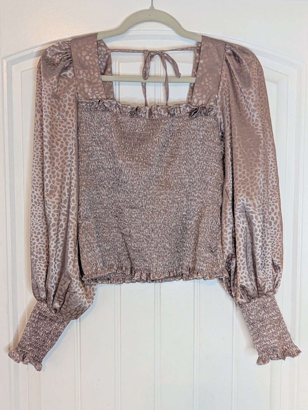 She + Sky Mauve Satin Animal Print Smocked Long Puff Sleeve Crop Top